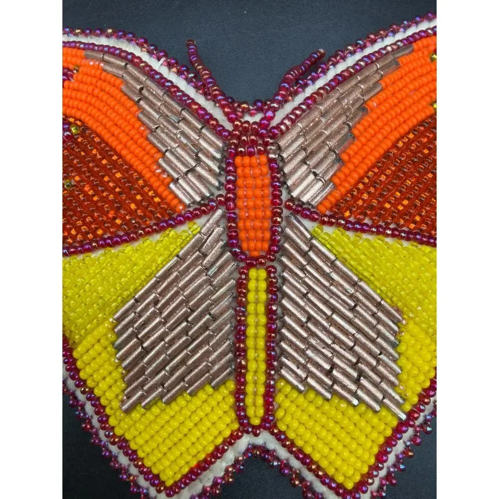 Vintage Hand Beaded Butterfly Hair Barrette Large Seed Bugle Bead French Clip